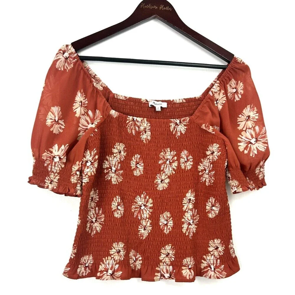 Madewell Georgette Lucie Top Sz M Womens Puff Sleeve Smocked Bodice Moody Blooms
